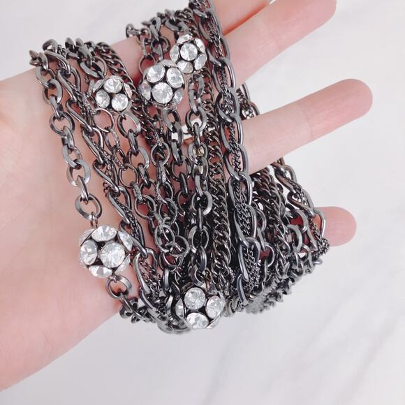 Signed VCLM Multi-Strand Gunmetal Chain Necklace with Crystal Ball Accents - Picture 4 of 9